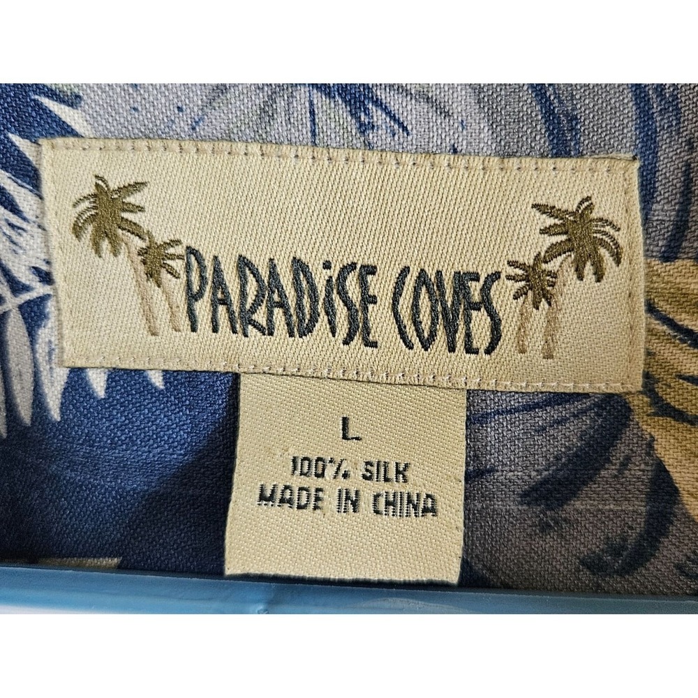 Paradise Coves Mens Size L 100% Silk Hawaiian Aloha Shirt Blue Floral Leaves - Picture 4 of 5